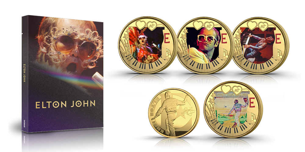 5 pièces Elton John colorées plaquées or en hommage à une légende de la musique ! 5 pièces Elton John colorées plaquées or en hommage à une légende de la musique !