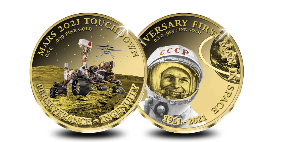 Ensemble de 2 pièces d'or en l'honneur de 60 ans de voyage dans l'espace Ensemble de 2 pièces d'or en l'honneur de 60 ans de voyage dans l'espace
