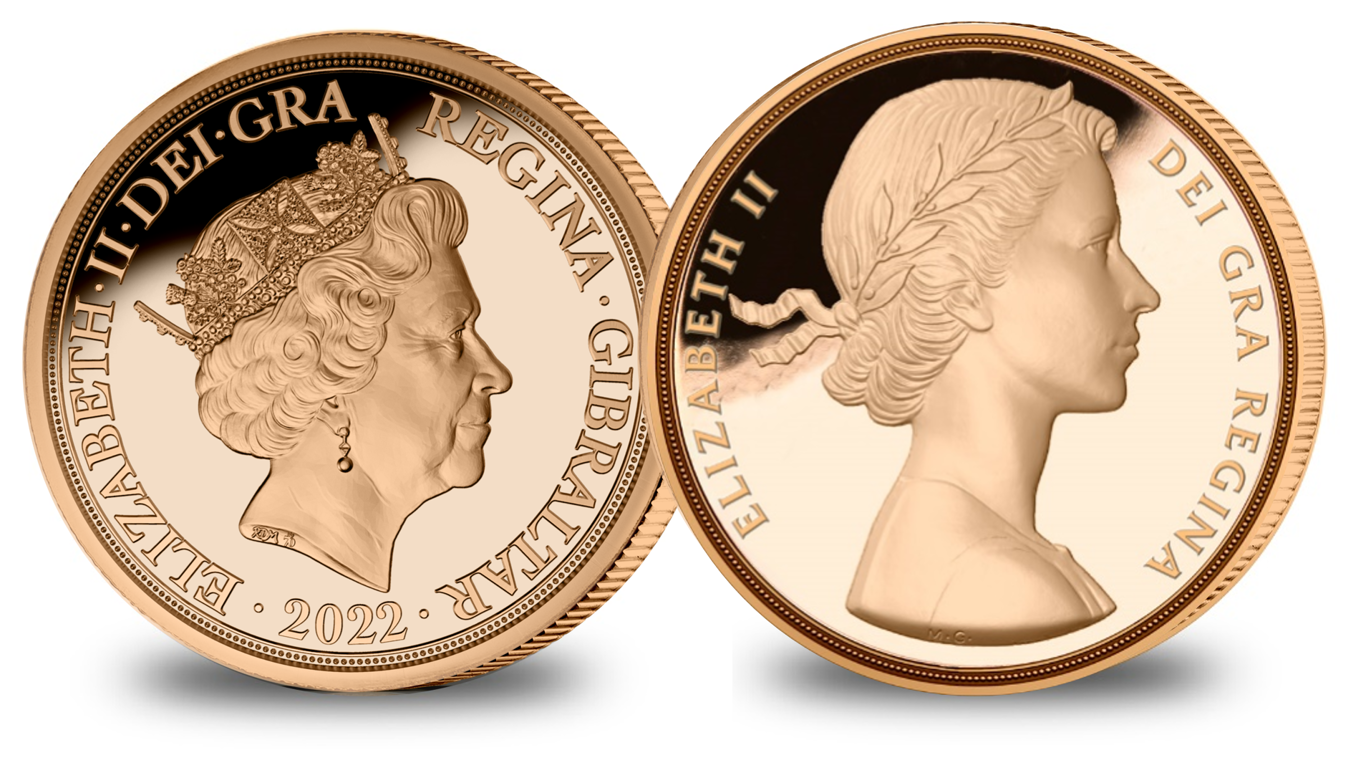 Hommage très exclusif en or massif à la Reine Elisabeth II, 2 Souverains en or (0.25 et 0.5) Hommage très exclusif en or massif à la Reine Elisabeth II, 2 Souverains en or (0.25 et 0.5)