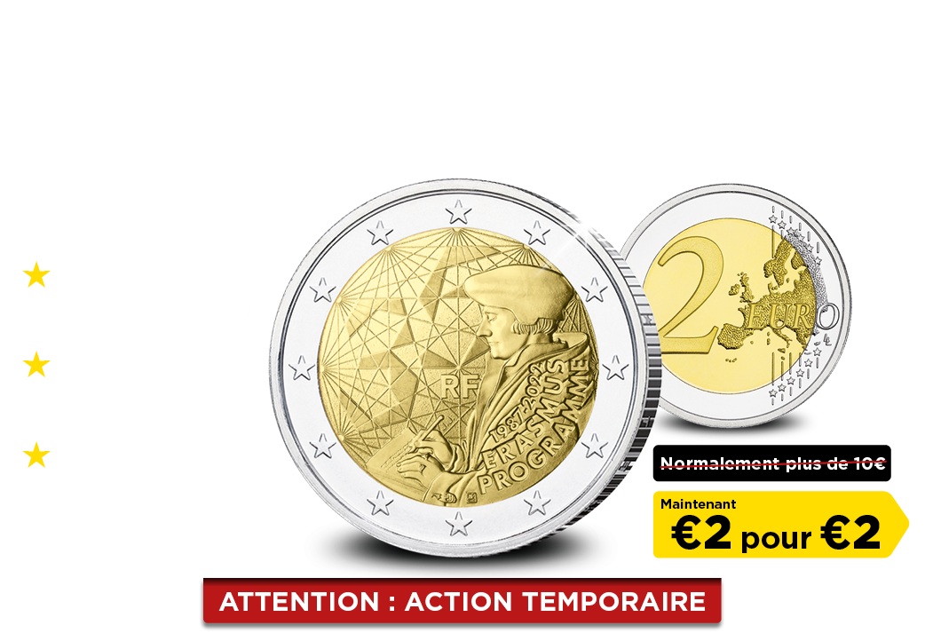 Pièce Commémorative officielle française de 2 euros à l’effigie d’Erasmus