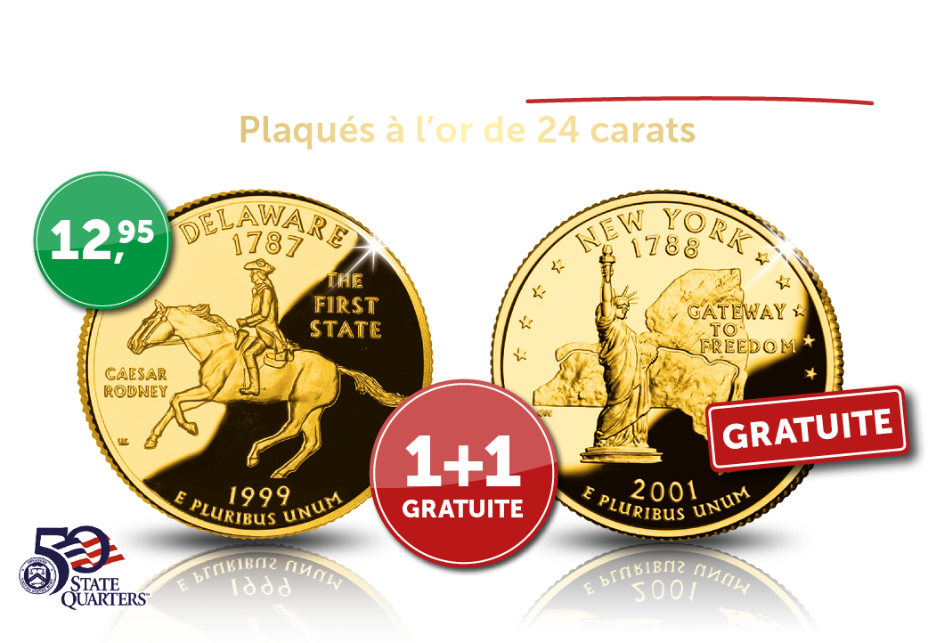 Commandez dès maintenant le Dollar plaqué à l’or de 24 carats de l’état de Delaware et vous recevrez gratuitement de notre part l’état de New York. 