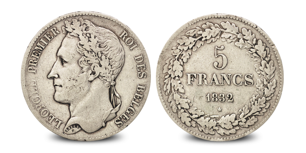 5 Francs d'Argent originaux Léopold Ier | Pièces belges d'il y a plus de 100 ans