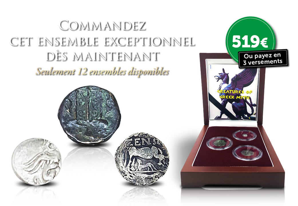 Créatures mythologiques grecques, 3 pièces anciennes de plus de 2000 ans.