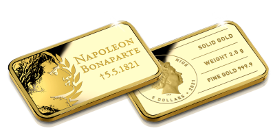 Votre lingot de 2,5 grammes en or pur en l'honneur du 200e anniversaire de la mort de Napoléon Bonaparte