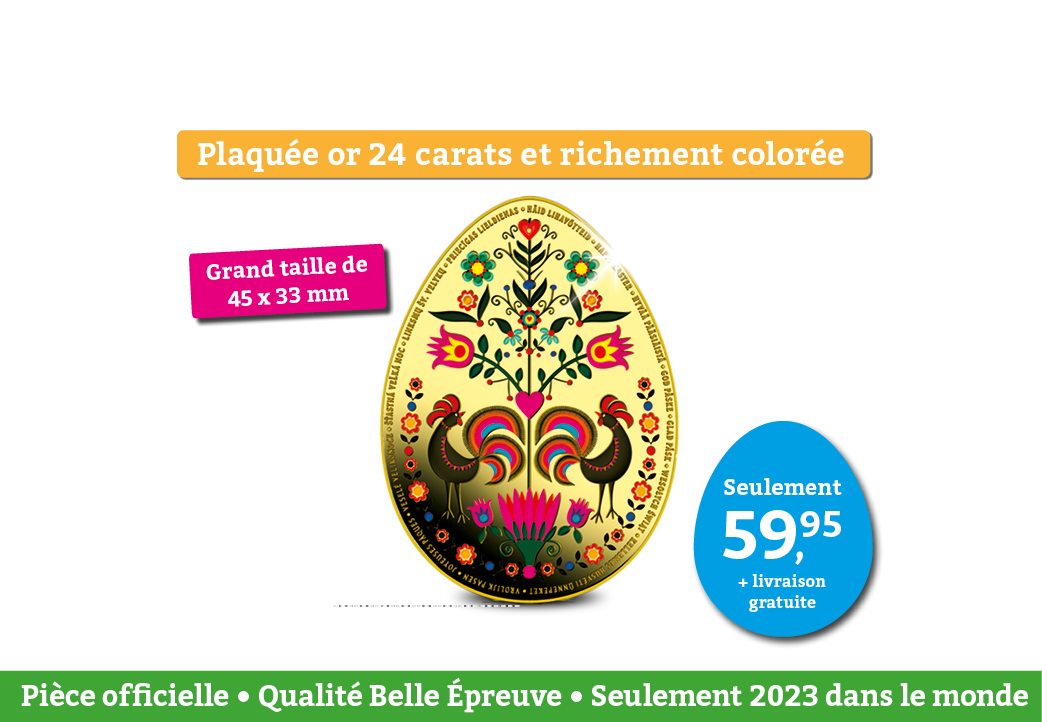 Pièce de Pâques en plaqué or pur et partiellement coloré en forme d'un oeuf 