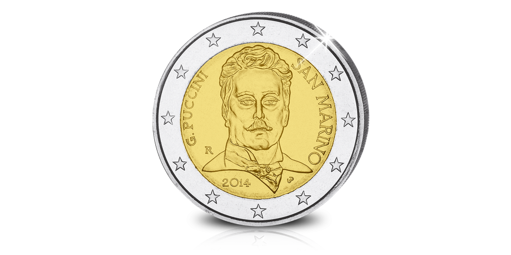 Pièce Commémorative de 2€ en l’honneur du 90ème anniversaire de la mort du légendaire compositeur Puccini Pièce Commémorative de 2€ en l’honneur du 90ème anniversaire de la mort du légendaire compositeur Puccini