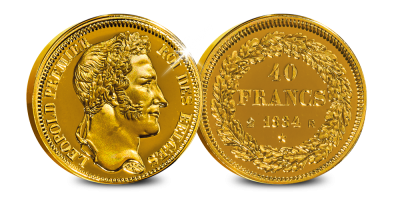 Refrappe des 40 Francs 1834; le premier Franc en or du Roi Léopold Ier 