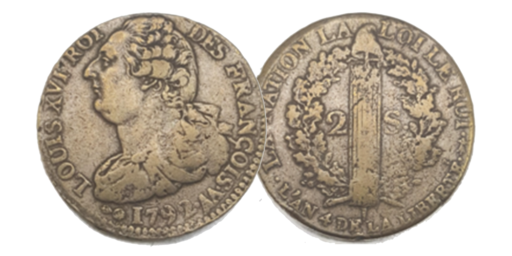 2 Sols avec le Roi Louis XVI de la Révolution française, Très Beau 2 Sols avec le Roi Louis XVI de la Révolution française, Très Beau