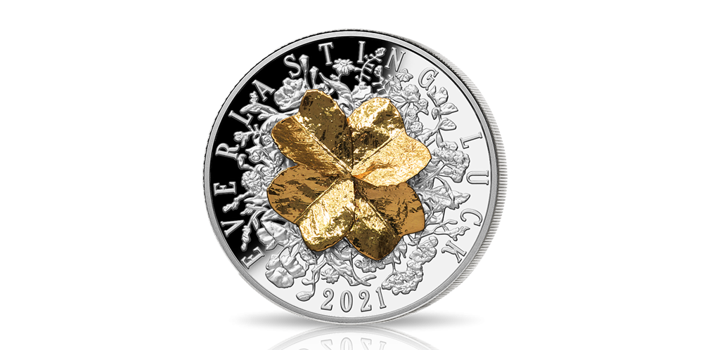 Pièce en argent massif avec un véritable trèfle à 4 feuilles plaqué en or