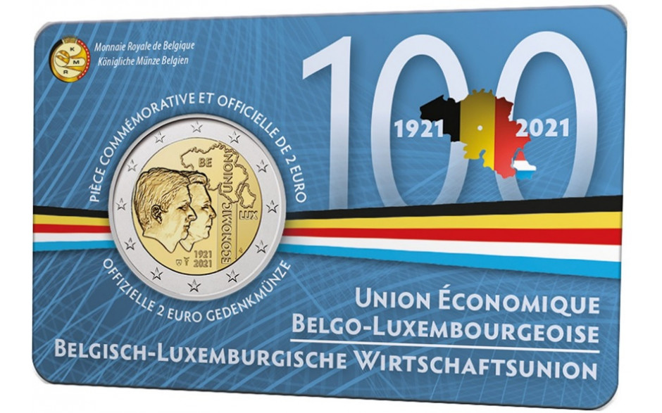Pièce de 2 Euros 2021 « 100 ans UEBL » BU dans une coincard française