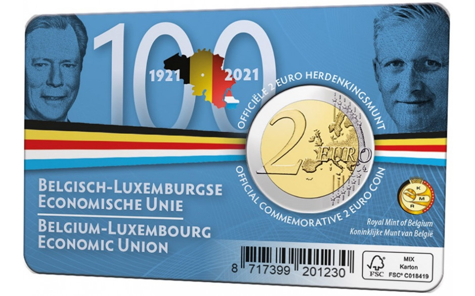 Pièce de 2 Euros 2021 « 100 ans UEBL » BU dans une coincard française