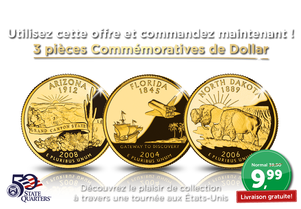 3 pièces Officielles Commémoratives de Dollar plaqué or 24 carats !